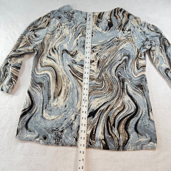 Cathy Blouse Woman LJewel Neck 3/4 Sleeve Blue Brown Black Textured Fabric - Picture 10 of 11